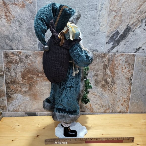 Santa Claus Figurine Ceramic Base Christmas Tree Sack of Gifts Blue Velvet Coat - Picture 9 of 13